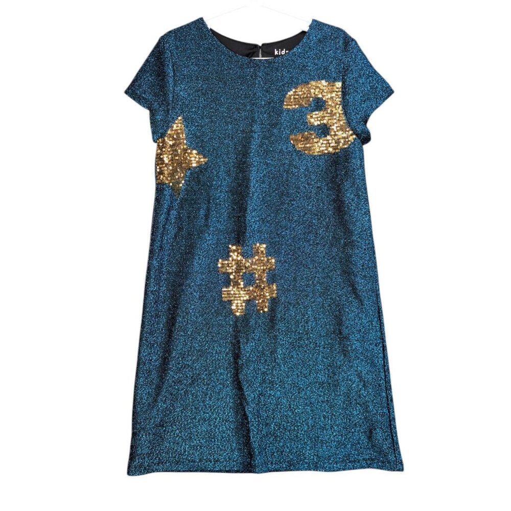 Kidpik Sparkle A Line Dress Girls Teal Gold Metallic Sequins Short Sleeve Size M